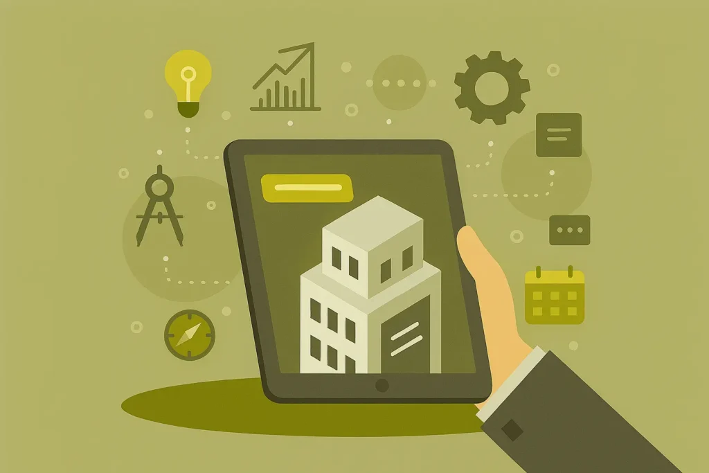 رسم توضيحي لجهاز لوحي يُعرض عليه مشروع بناء رقمي، محاط بأيقونات ذكية مثل الجداول الزمنية والمخططات والرسوم البيانية، يرمز إلى إدارة مشاريع المقاولات باستخدام أدوات رقمية حديثة.