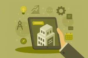 رسم توضيحي لجهاز لوحي يُعرض عليه مشروع بناء رقمي، محاط بأيقونات ذكية مثل الجداول الزمنية والمخططات والرسوم البيانية، يرمز إلى إدارة مشاريع المقاولات باستخدام أدوات رقمية حديثة.