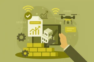 رسم توضيحي لجدار قيد البناء باستخدام تقنيات ذكية مثل الطائرات المسيّرة والمستندات الرقمية، مع رموز للسرعة والجودة، يعكس تأثير التكنولوجيا الحديثة على قطاع البناء.