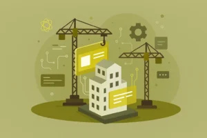 رسم توضيحي لموقع بناء رقمي يظهر فيه مبنى ثلاثي الأبعاد محاط بعناصر تقنية مثل واجهات المستخدم والرافعات، يعكس مفهوم التحول الرقمي في قطاع المقاولات باستخدام ألوان زيتية وصفراء متناسقة.